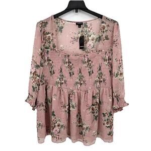 Torrid Floral Blouse Womens 3X Pink Sheer Peplum Smocked 3/4 Sleeve Flowy New!